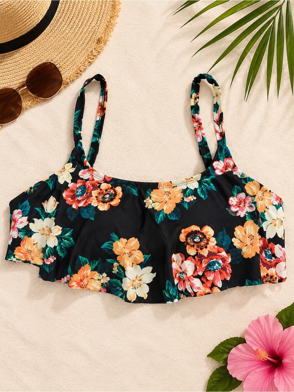 Black Floral Ruffle Bikini Top | Plus Size 2X